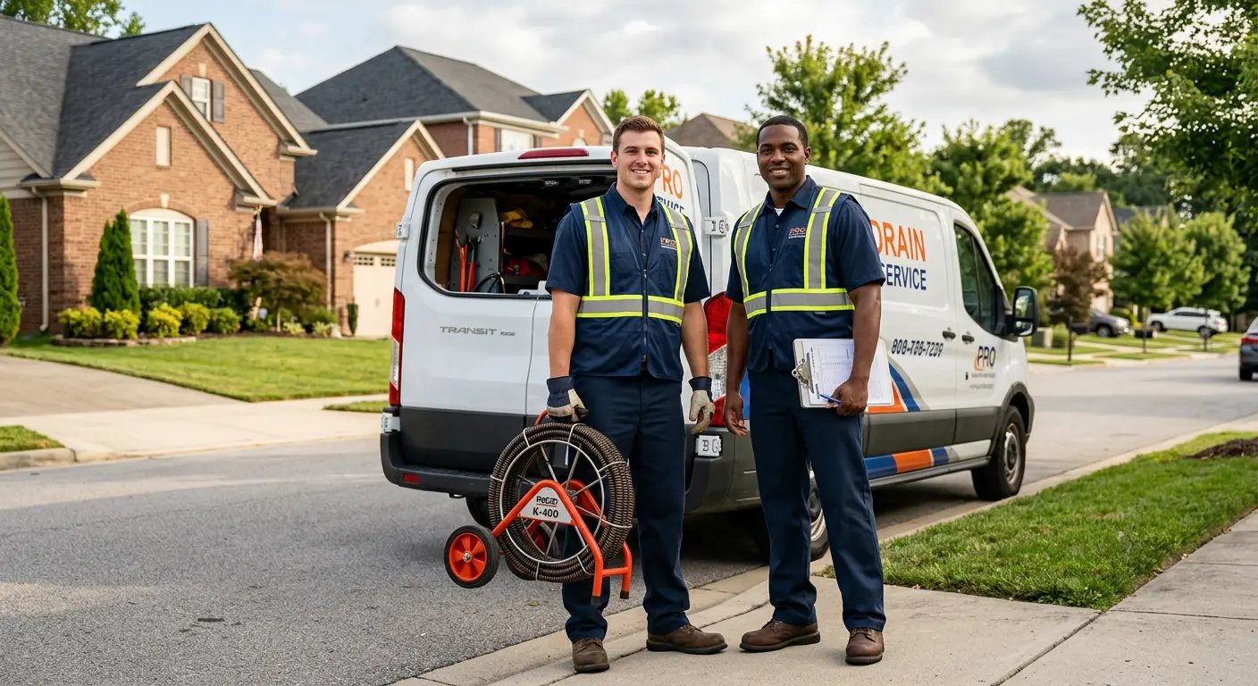 Sewer and drain service team with equipment ready for work in Jenks