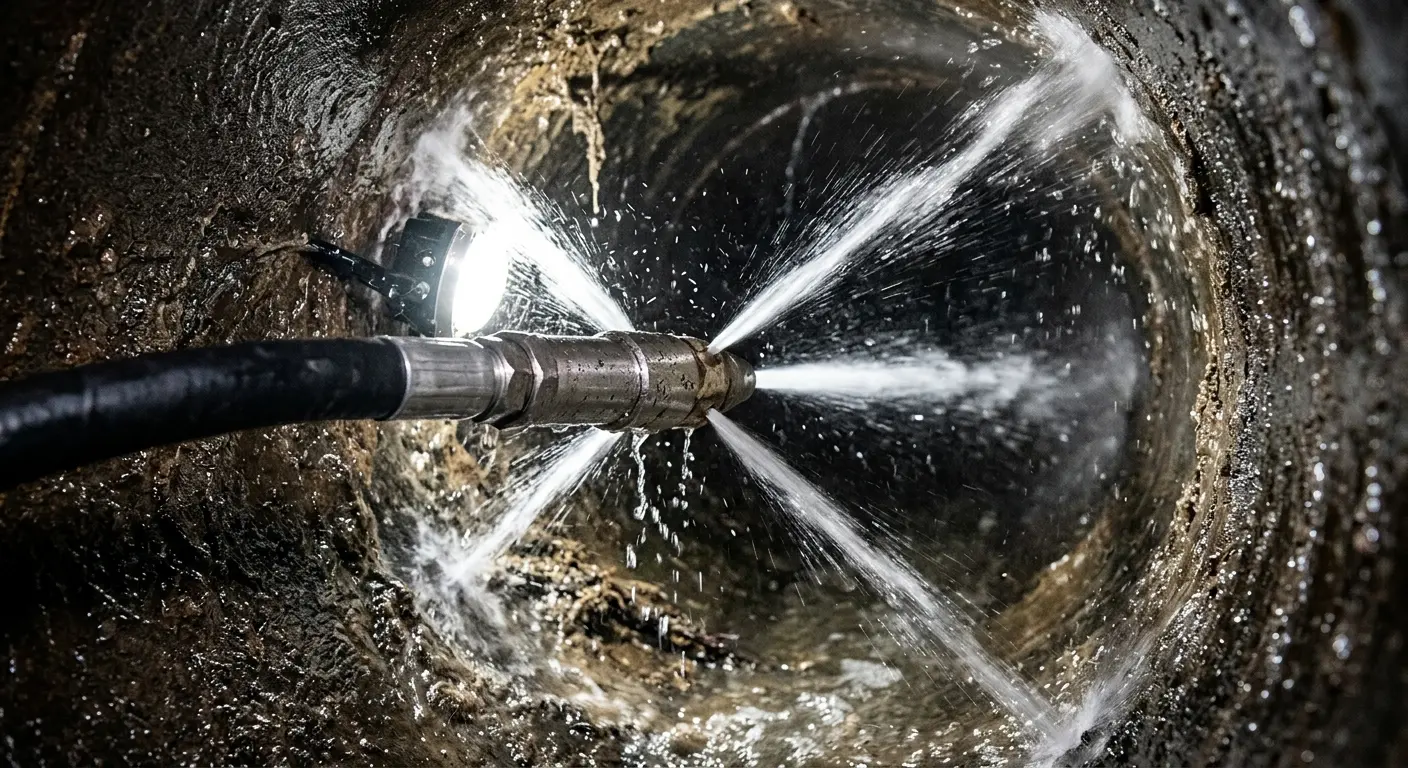 High-pressure hydro jetting nozzle cleaning sewer pipe for Sewer Line Relining in Jenks