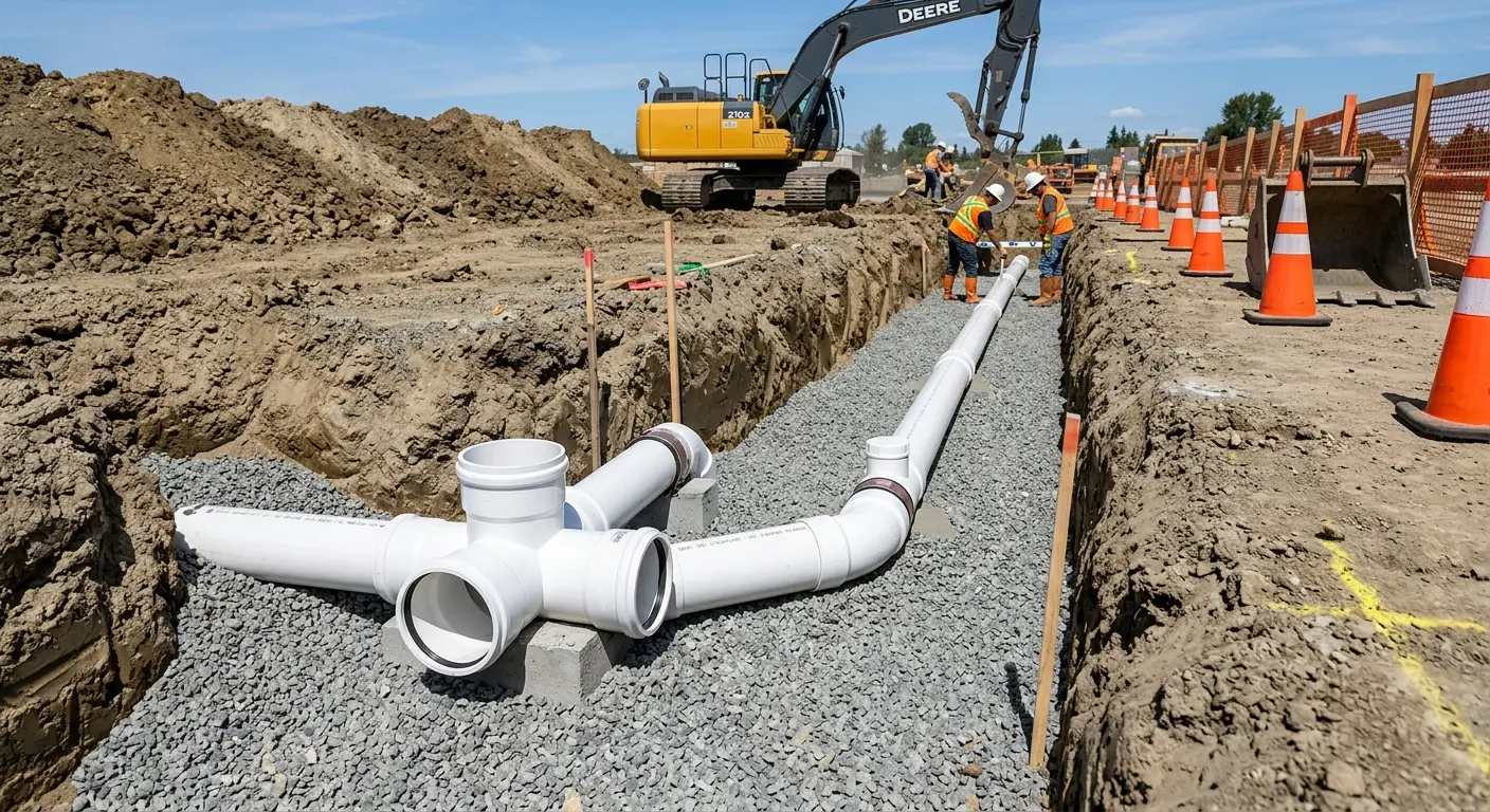 New PVC sewer pipe installation in open trench for Sewer Backup in Jenks