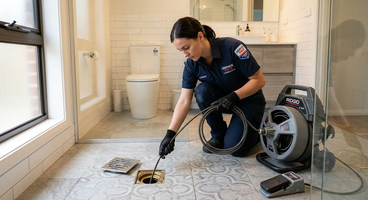 Technician clearing a bathroom floor drain for Drain Cleaning in Jenks